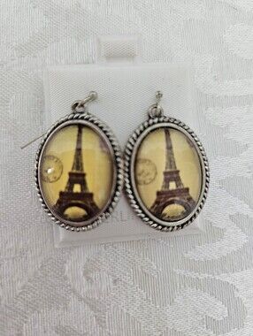 Vintage Inspired Parisian Eiffel Tower Oval Dangle Earrings